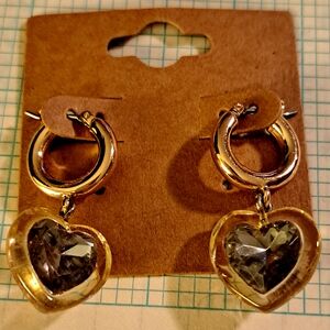 Betsey Johnson Gold Heart Hoop Earrings with Crystal Charm Accents